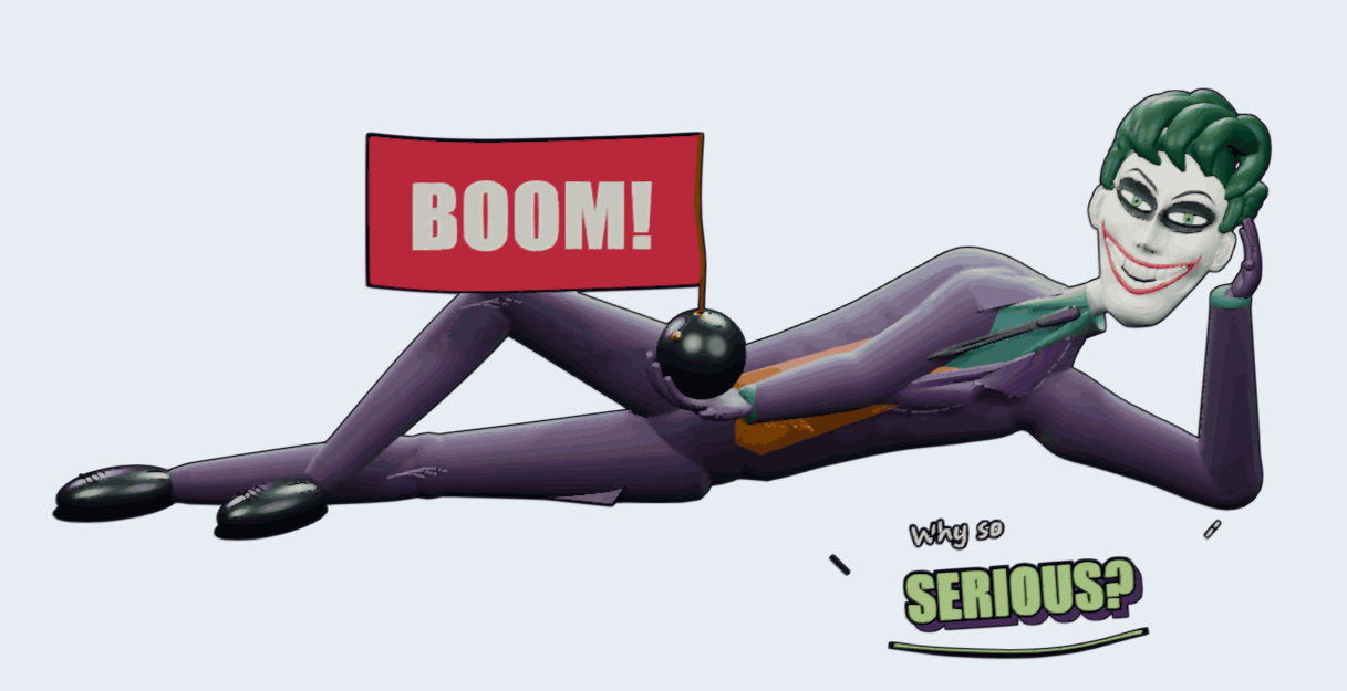 Hinter dem liegenden Joker steht eine rote Fahne mit der weißen Aufschrift „BOOM!“.
