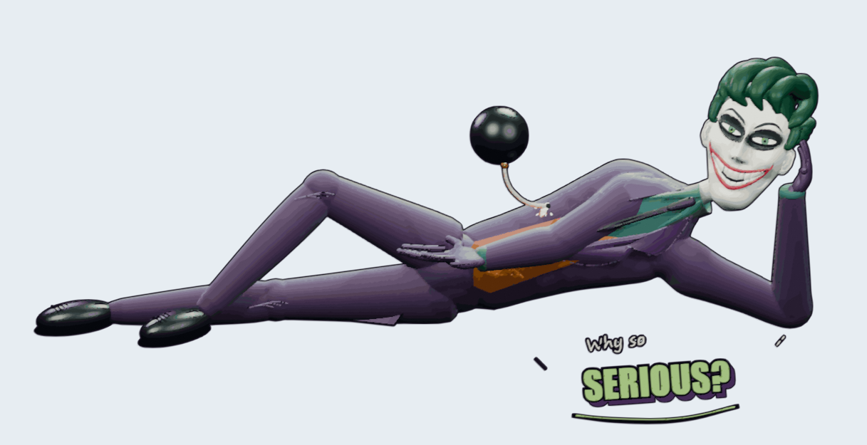 Der liegende Joker wirft eine schwarze Bombe mit glühender Lunte über seiner geöffneten Hand hoch.