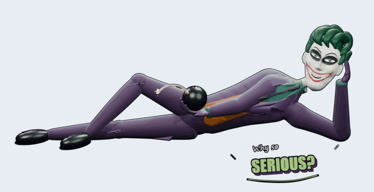 Liegender Joker mit grünen Haaren und violettem Anzug hält eine schwarze Bombe. Darunter steht „Why so serious?“.