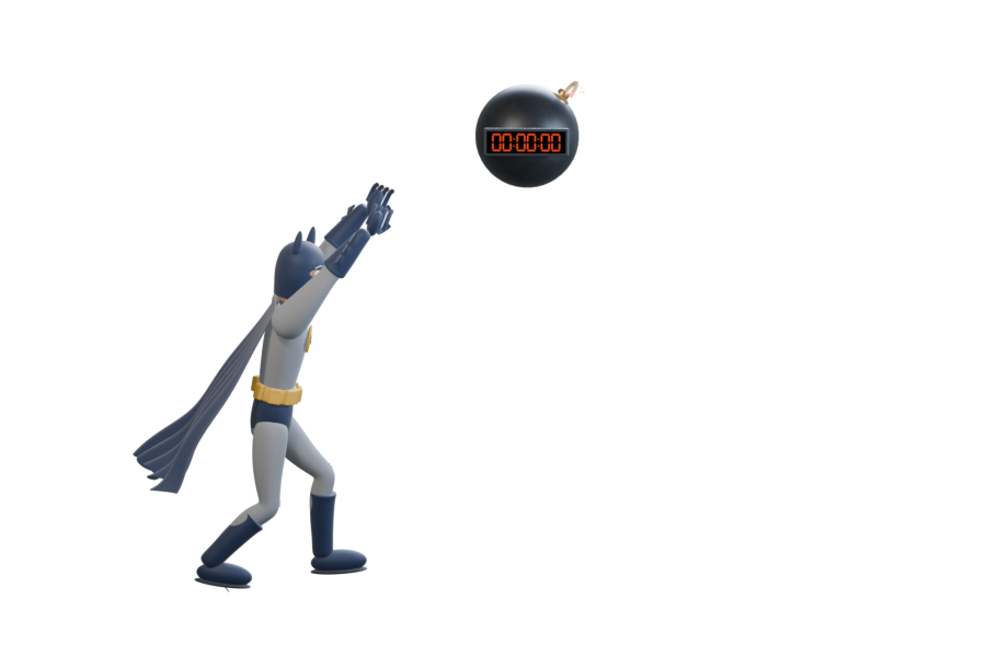 Die Bombe mit orangefarbener Zeitanzeige fliegt über den ausgestreckten Händen der Figur mit Umhang.