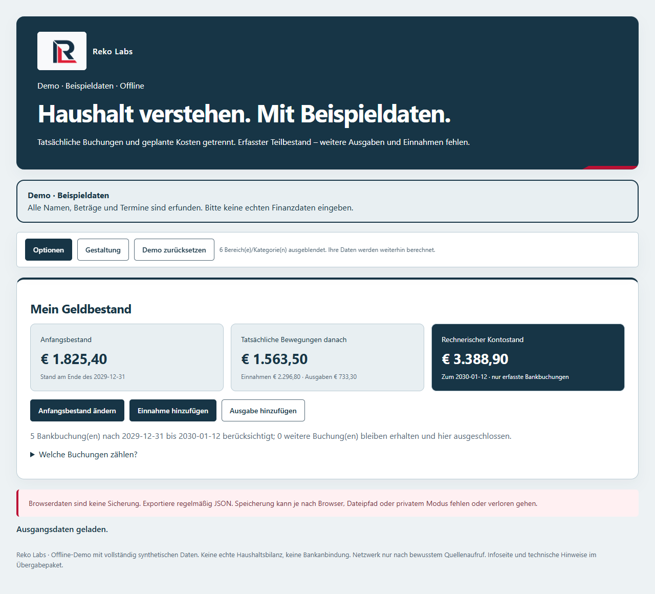 Originalaufnahme der BudgetSnap-Demo mit ausschließlich erfundenen Finanzdaten