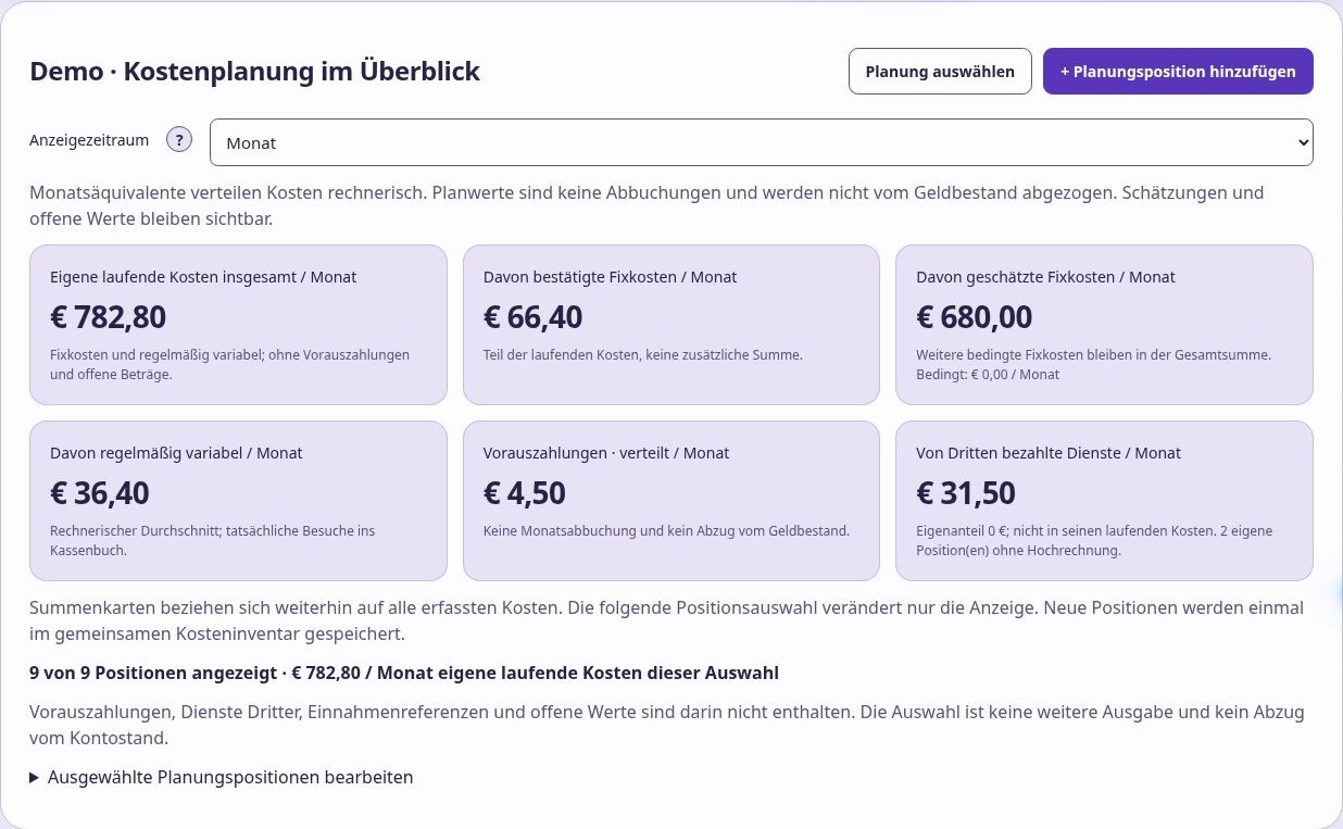 BudgetSnap-Demo im Design Aurora: Kostenplanung mit erfundenen Beträgen