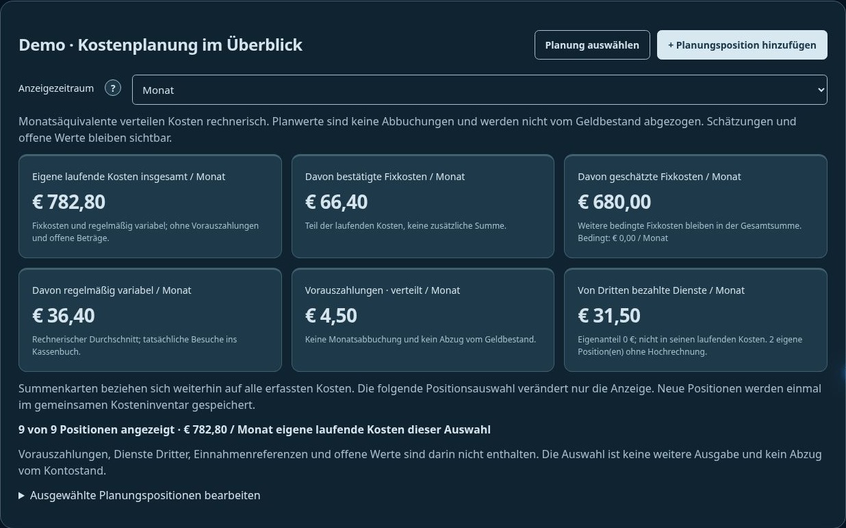 BudgetSnap-Demo im Design Dock: Kostenplanung mit erfundenen Beträgen