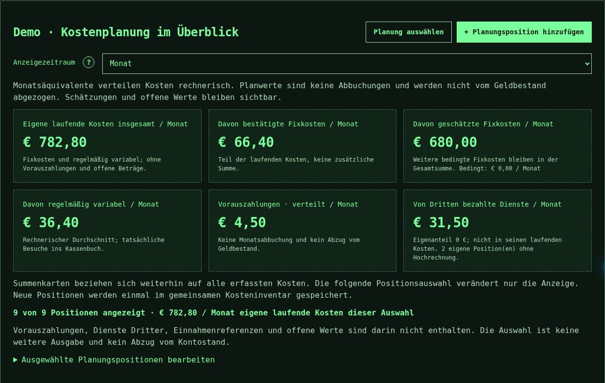 BudgetSnap-Demo im Design Matrix: Kostenplanung mit erfundenen Beträgen