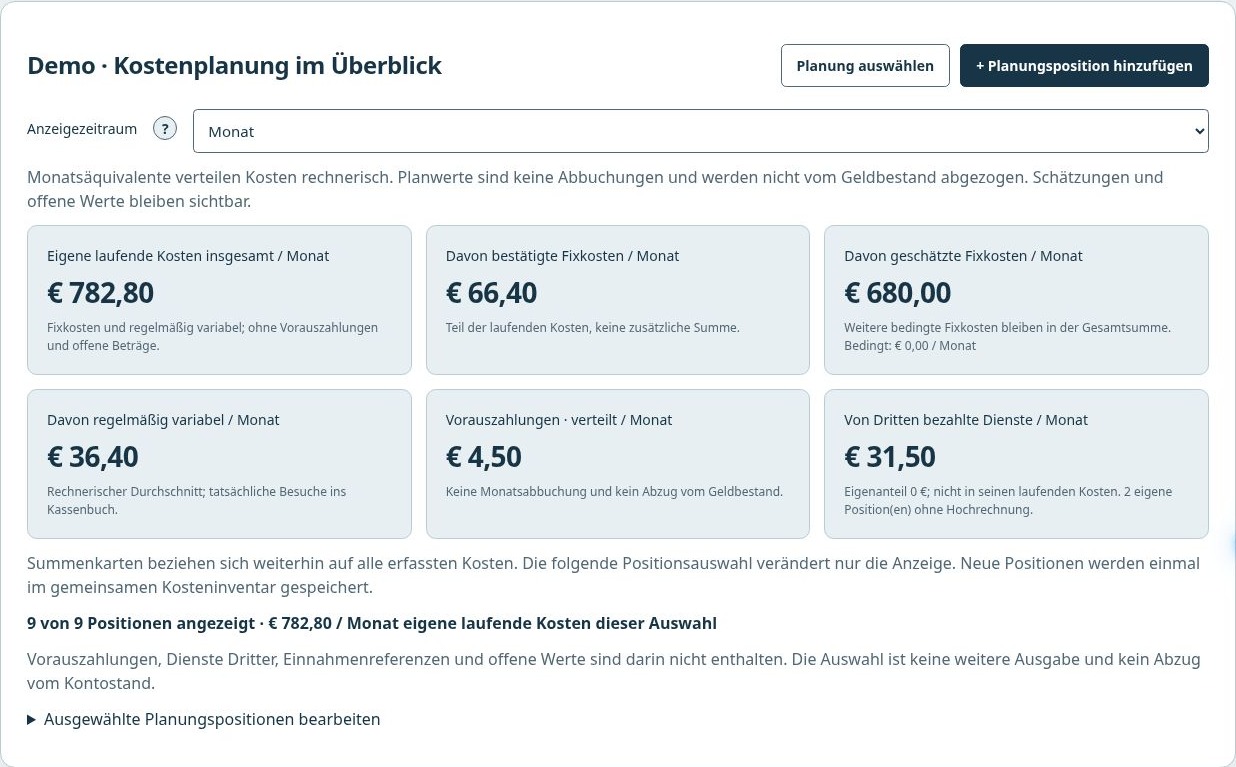 BudgetSnap-Demo im Design Signal: Kostenplanung mit erfundenen Beträgen