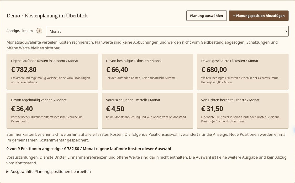 BudgetSnap-Demo im Design Studio: Kostenplanung mit erfundenen Beträgen