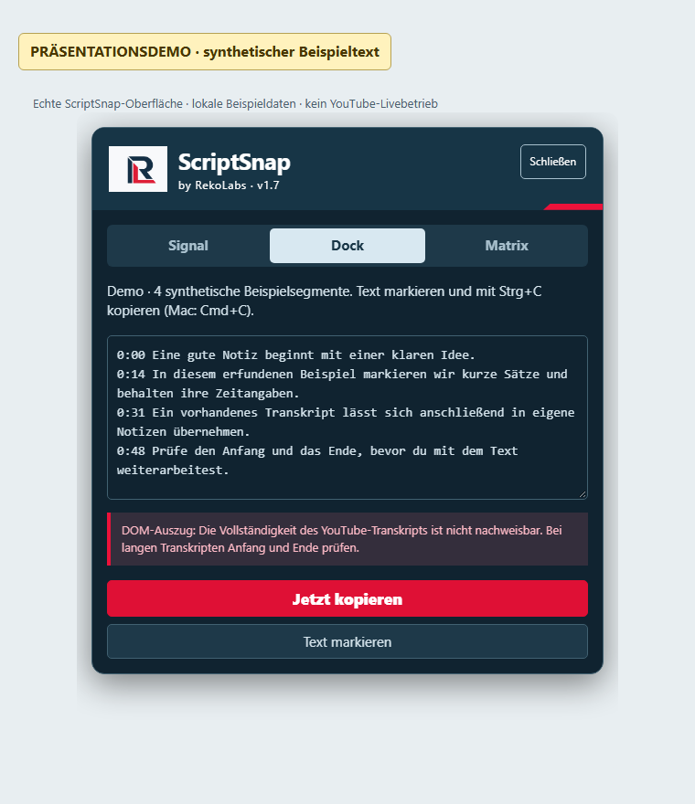 ScriptSnap-Demo im Design Dock mit erfundenem Beispieltext