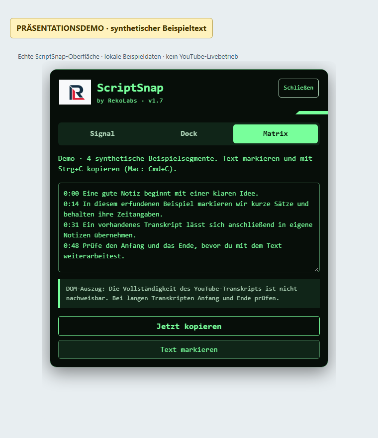 ScriptSnap-Demo im Design Matrix mit erfundenem Beispieltext