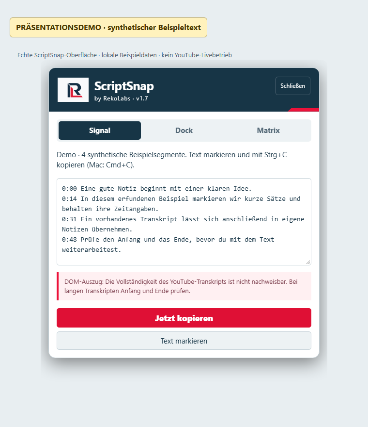 ScriptSnap-Demo im Design Signal mit erfundenem Beispieltext